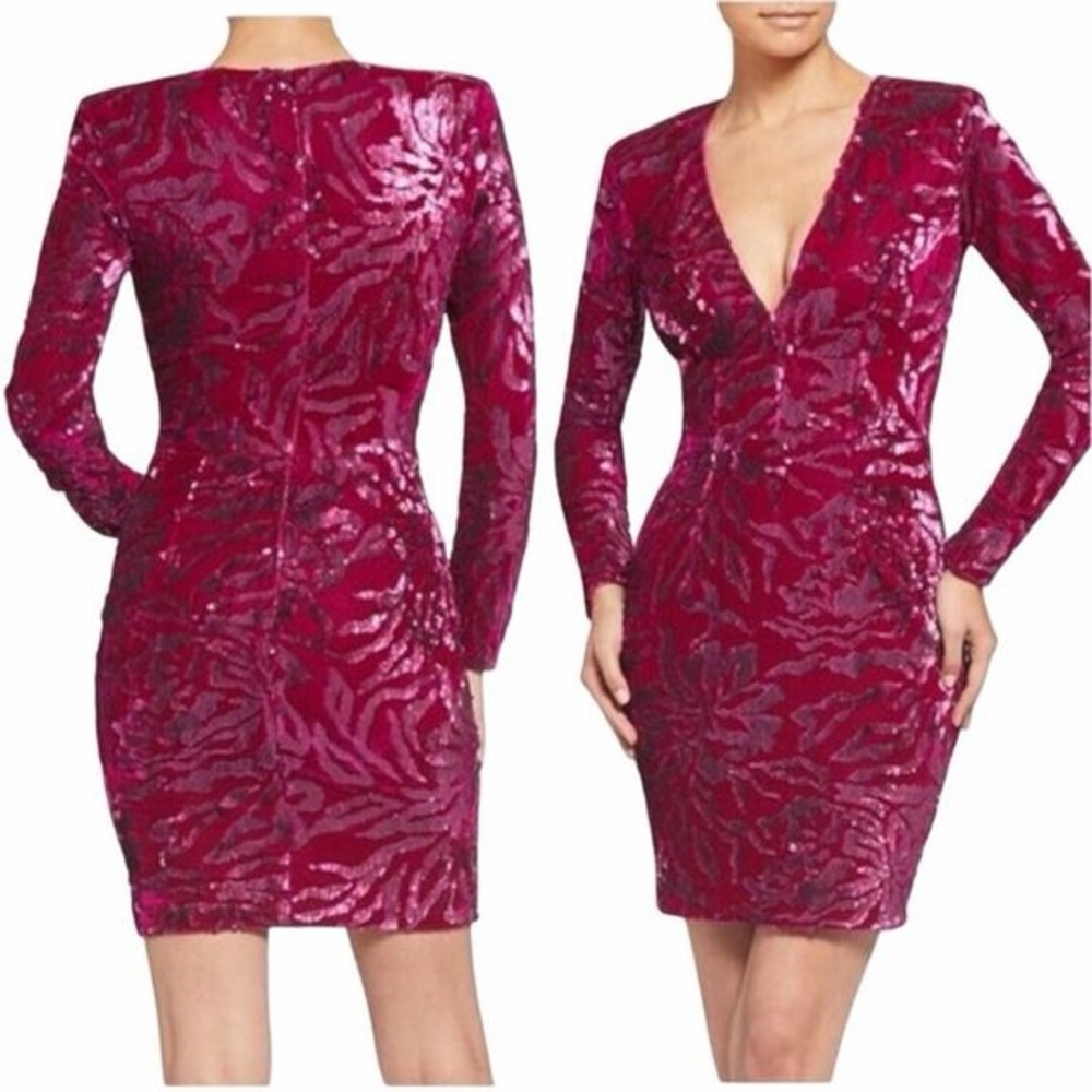 NWOT Dress the Population Riley VELVET SEQUIN MIDI DRESS MAGENTA vibrant velour
